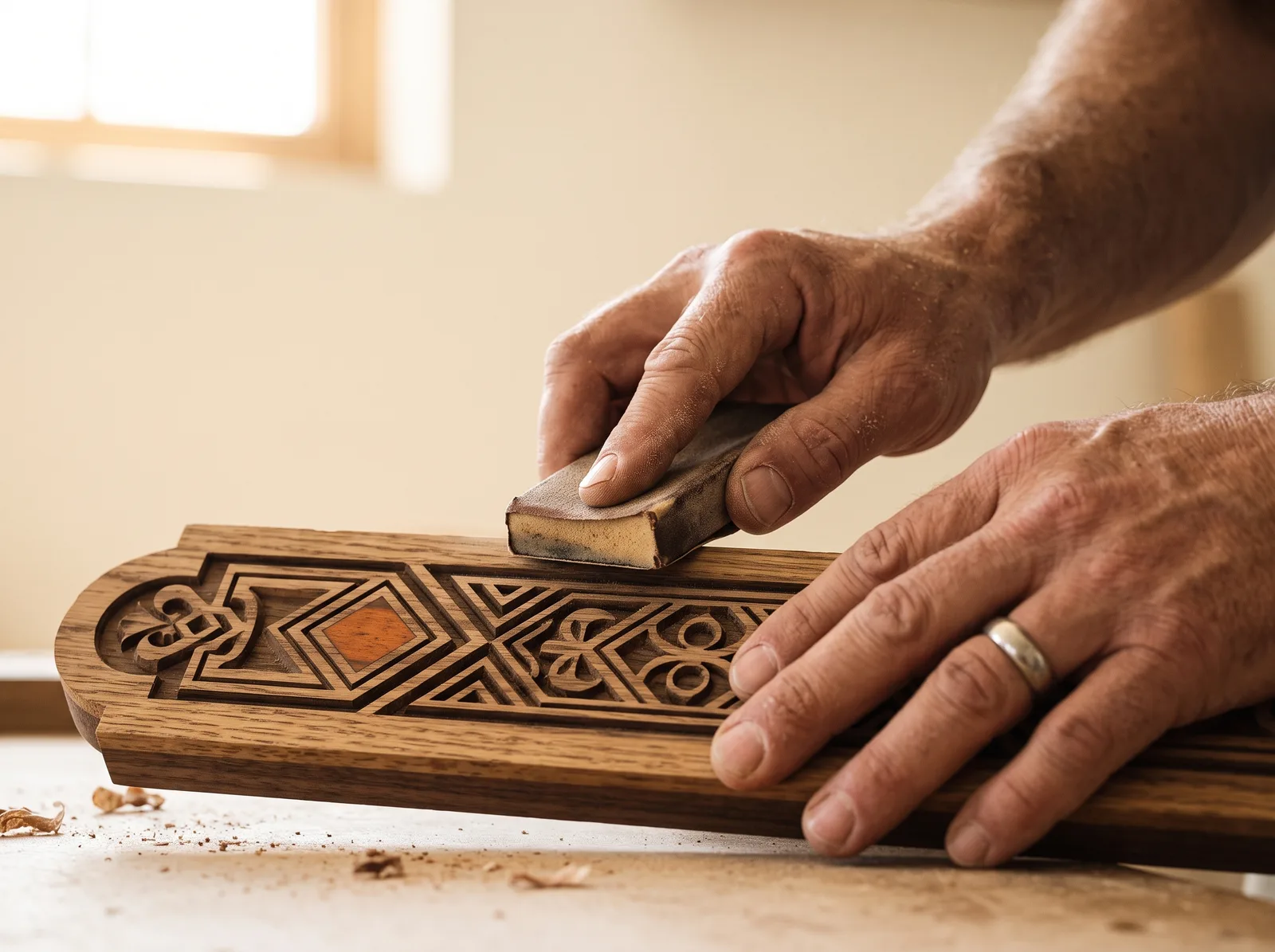 Craftsman hand-finishing a CNC-cut wooden piece
