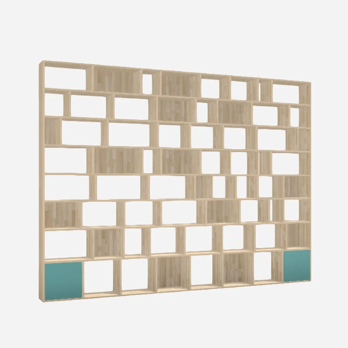 Comic book cabinet, rubberwood with teal fronts