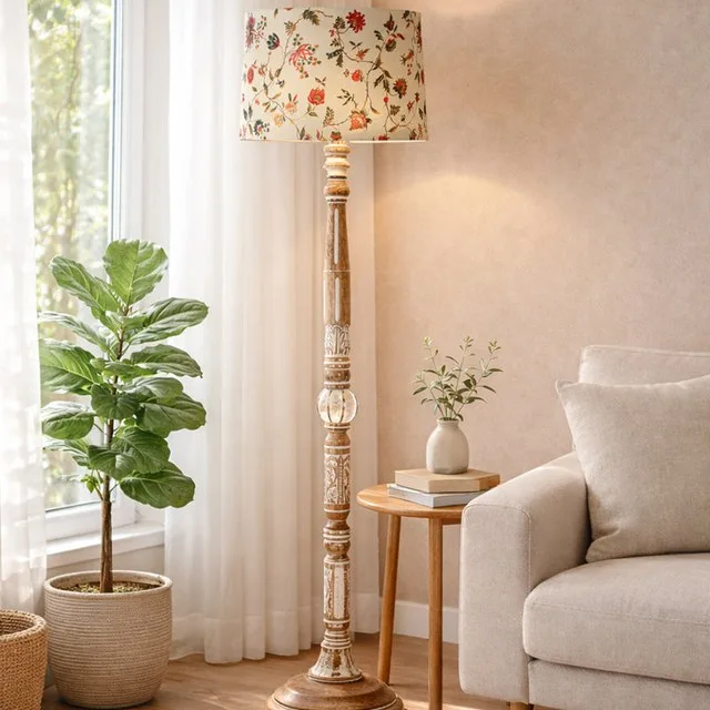 Carved white-finish wooden floor lamp