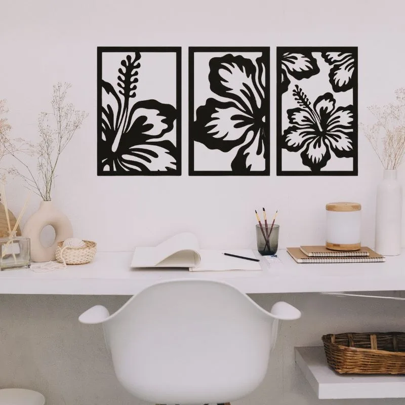 3-Piece Floral Wall Art Set – Modern Black Wooden Flower Design Frames
