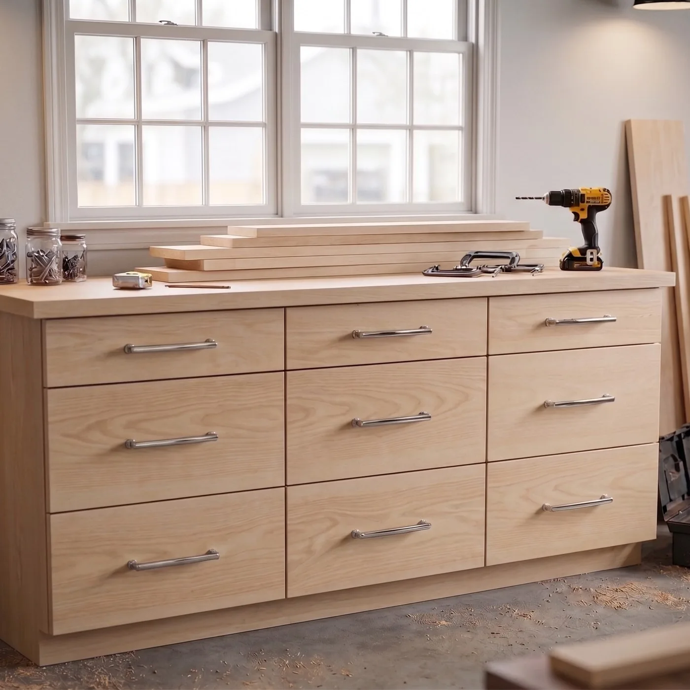 Drawer base cabinet, slab fronts