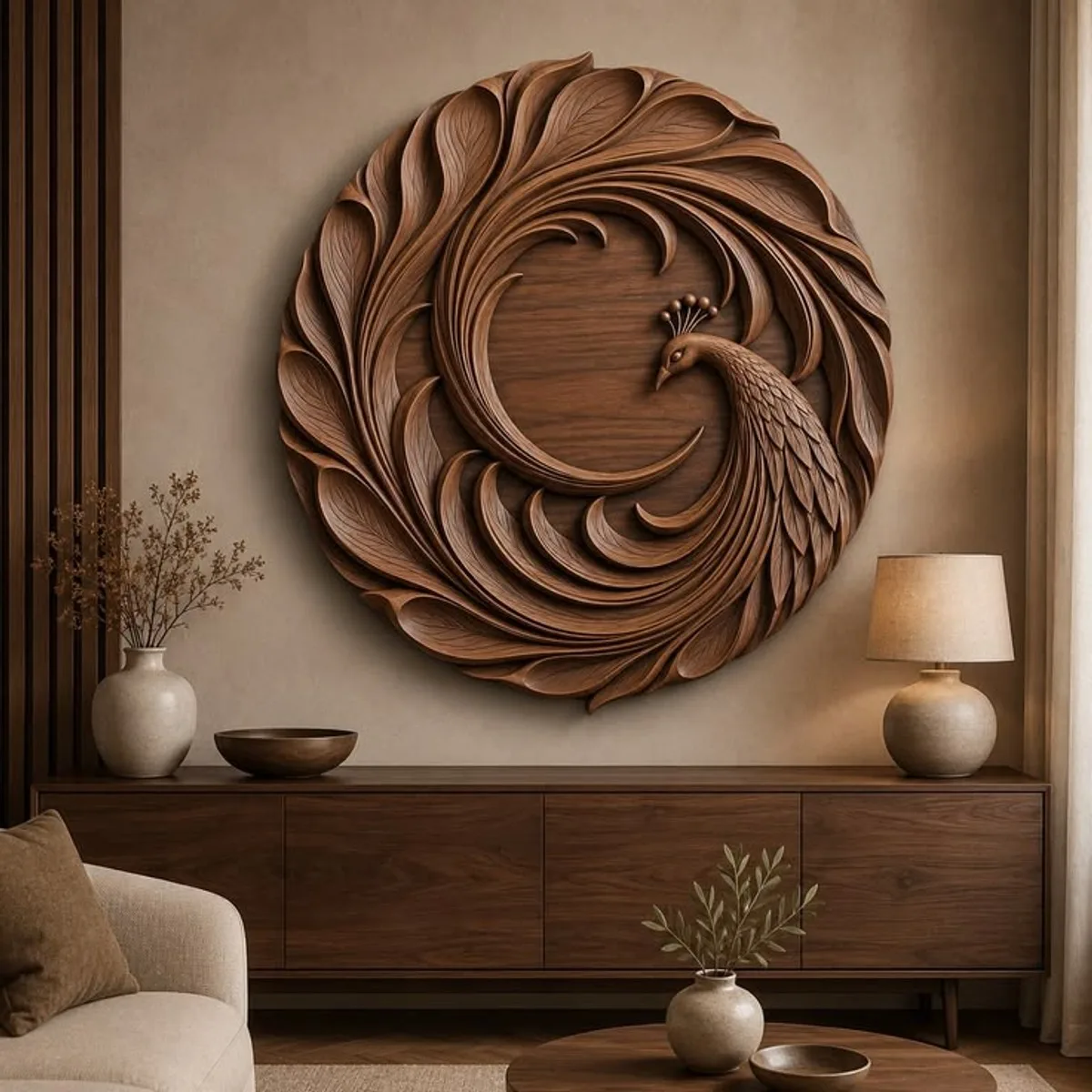 Peacock Carved Wall Relief
