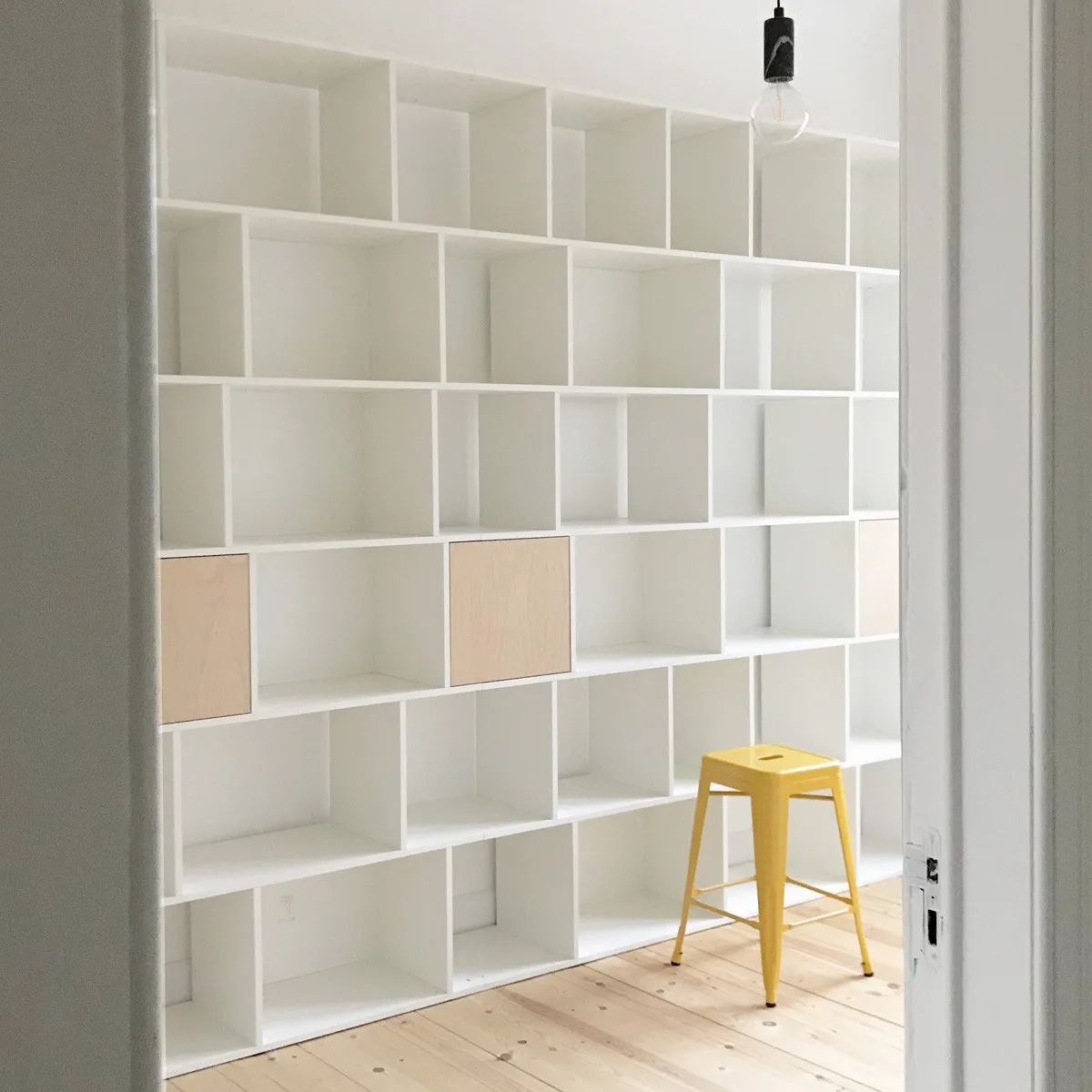 Library wall, white melamine, birch fronts