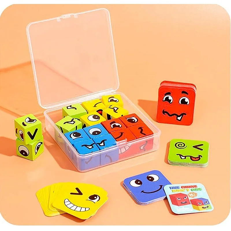 Wooden 16 Pcs Face Changing Puzzle Blocks Game
