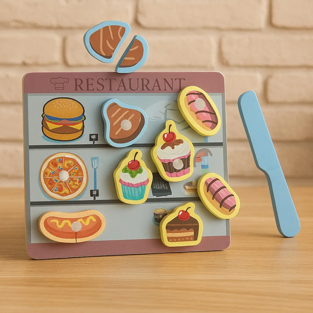 Wooden 3D Fast Food Cutting Puzzle Sorting Board