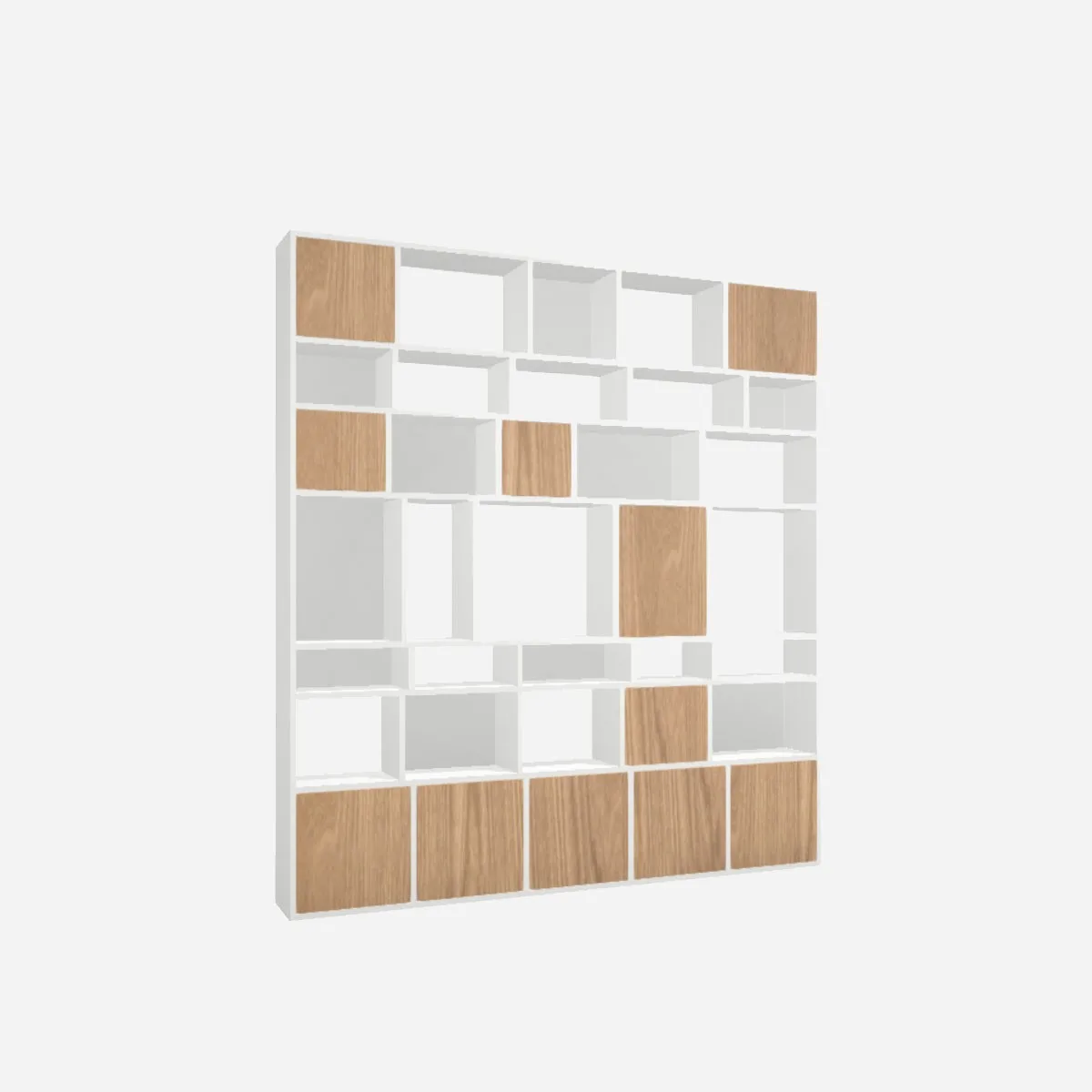 Cube shelf unit, white melamine with oak fronts