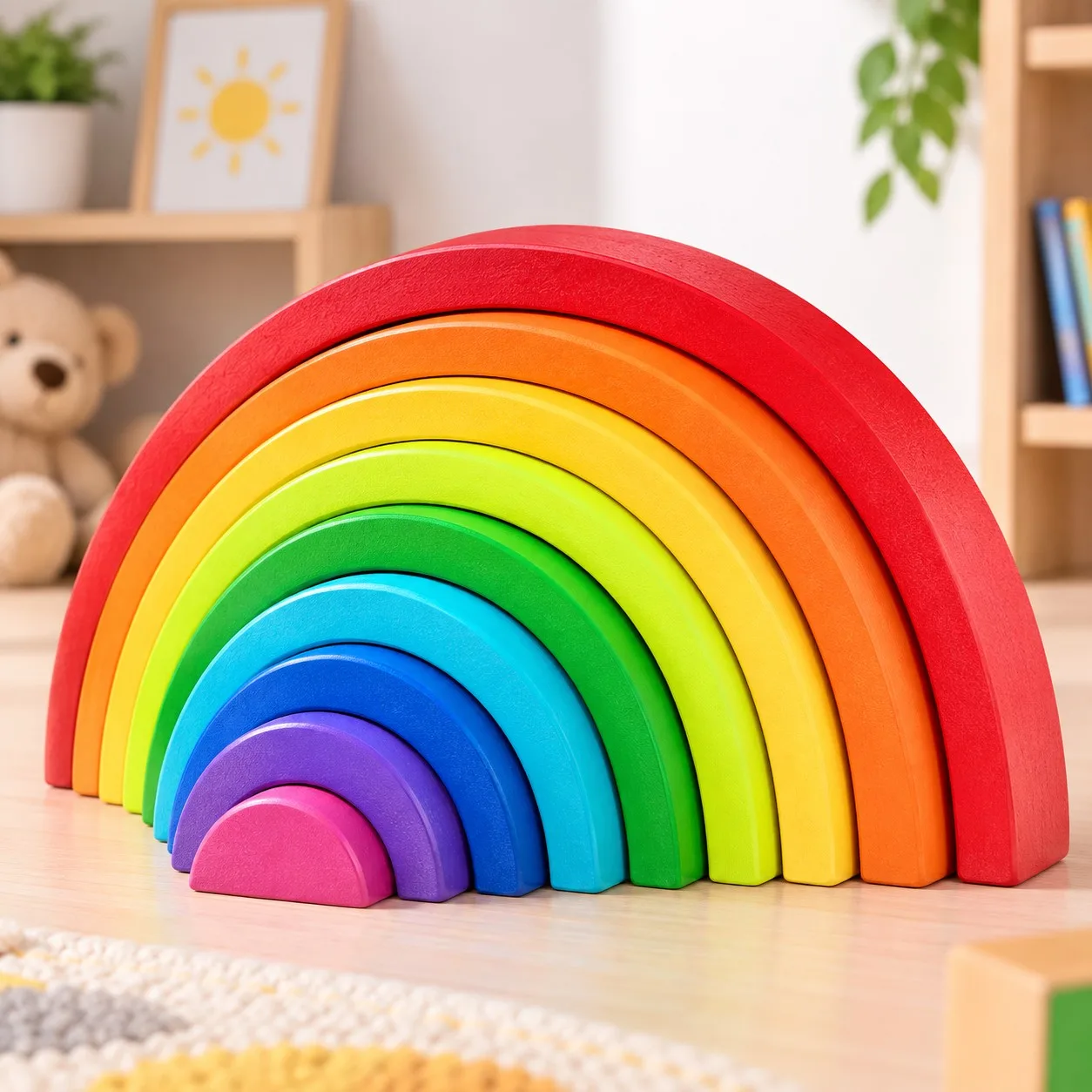 Wooden Montessori 9-Layer Stacking & Color Sorting Rainbow