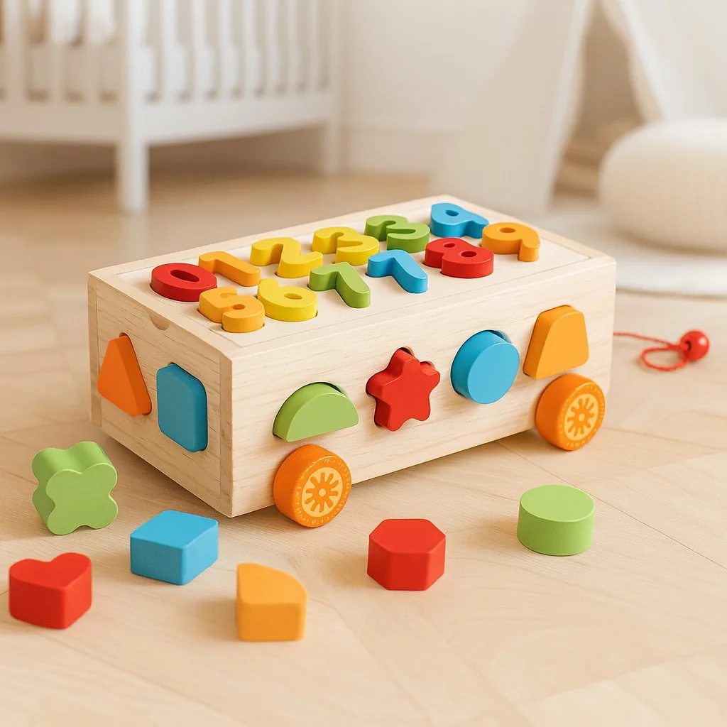 Wooden 3d Multicolor Numbers & Shapes Sorting Trailer