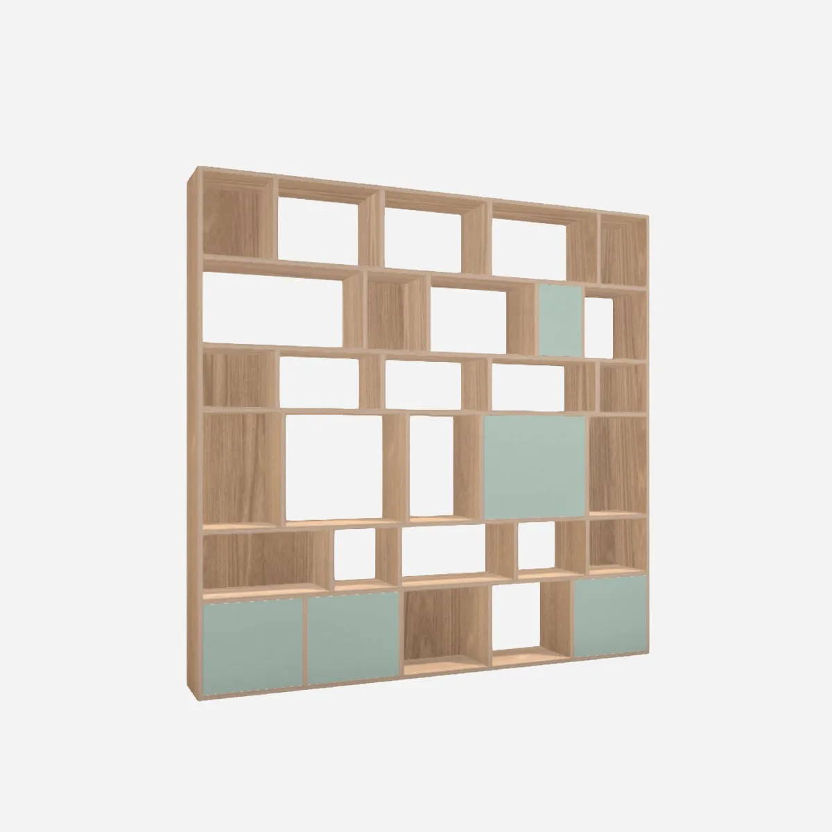 Library wall, oak veneer, industrial green