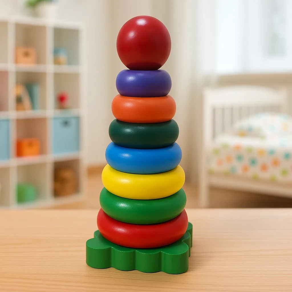 Wooden Rainbow Multicolor Ring Stacking Tower
