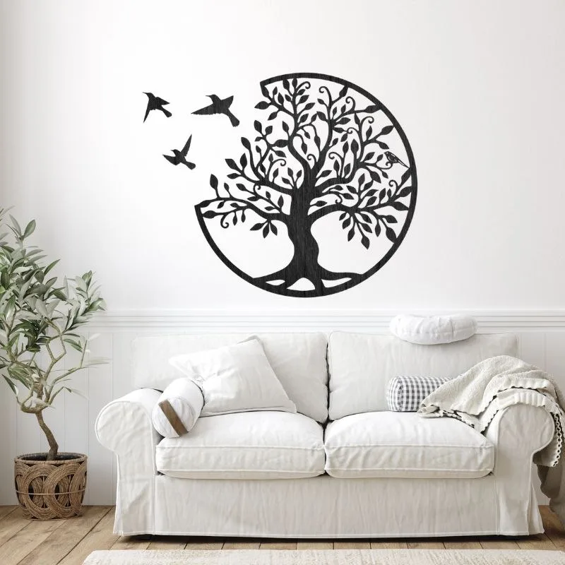 Tree of Life Wooden MDF Wall Art – Round Design with Birds