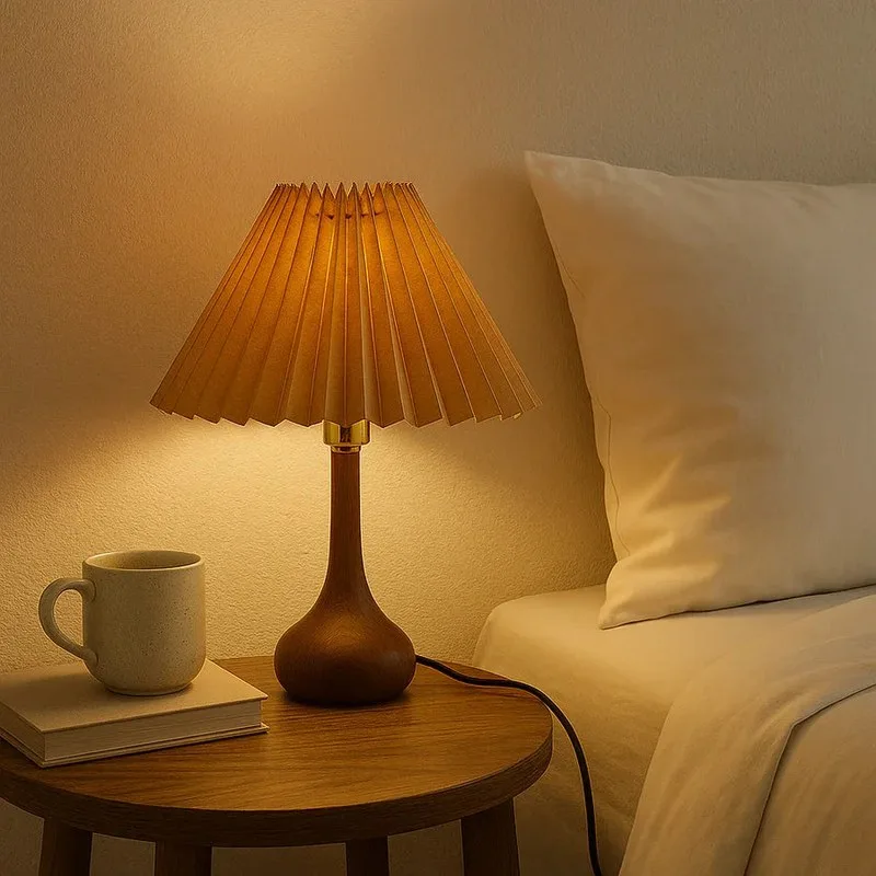 Wooden Table Lamp with Pleated Fabric Shade
