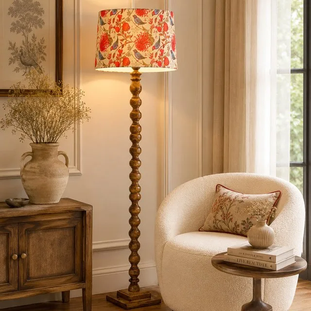 Rustic Wood Floor Lamp In Walnut Brown With Multicolor Fabric Lamp Shade