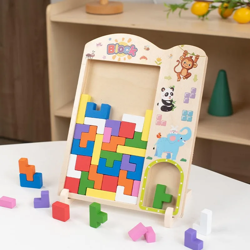 Wooden Colorful 3D Puzzle Blocks Assembling Interactive Toy
