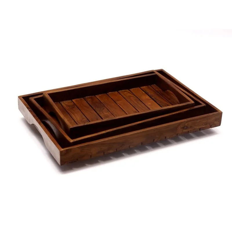 Plain Strip Square Wooden Tray Set