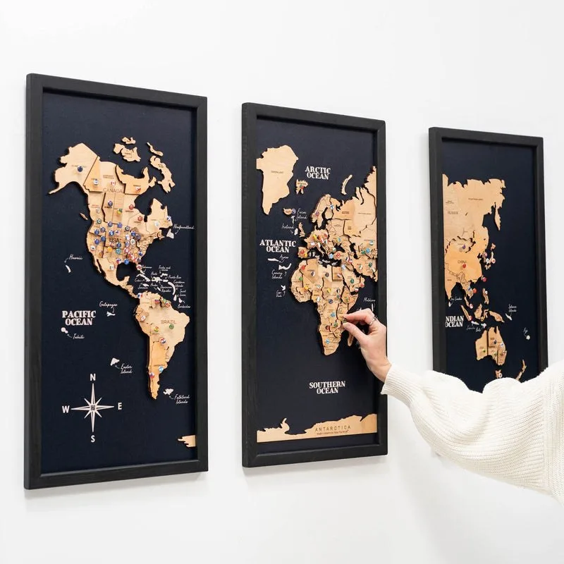 3D Wooden Triptych World Map Gold