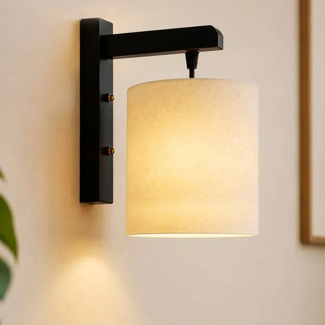 Cherry Wood Hanging Wall Lamp With Fabric Drum Shade