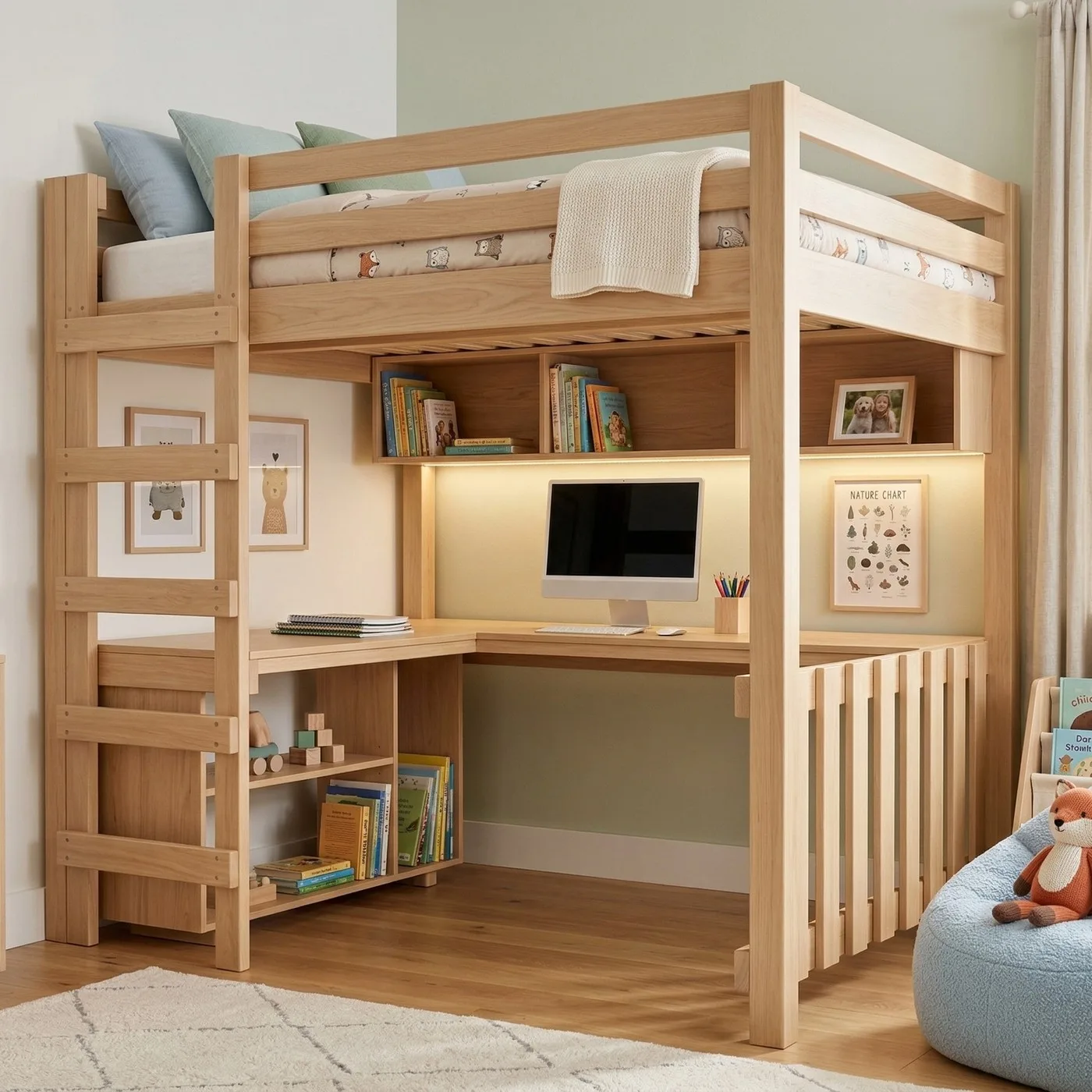 Loft bed with desk, queen size
