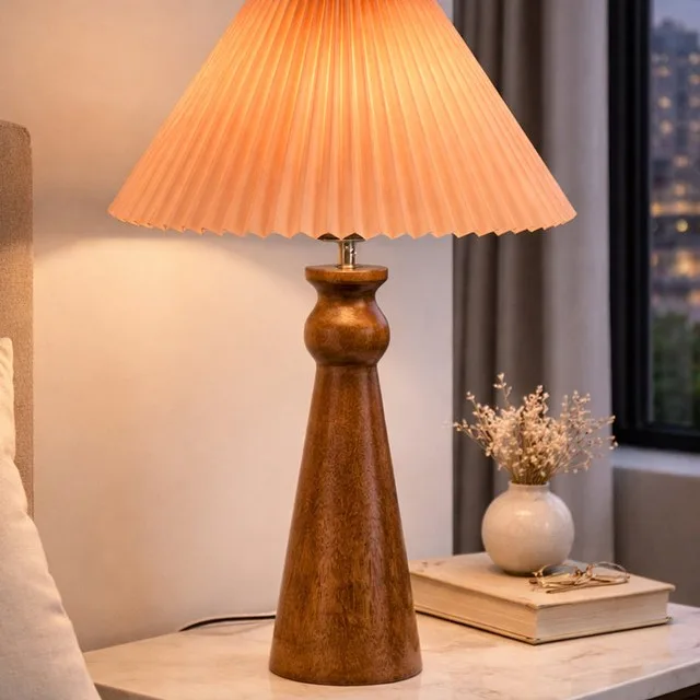 Handcrafted Wooden Table Lamp With Fabric Shade For Bedroom