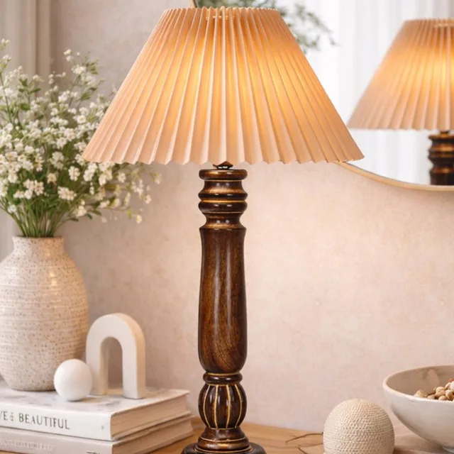 Handcrafted Fold Wooden Table Lamp With Fabric Shade