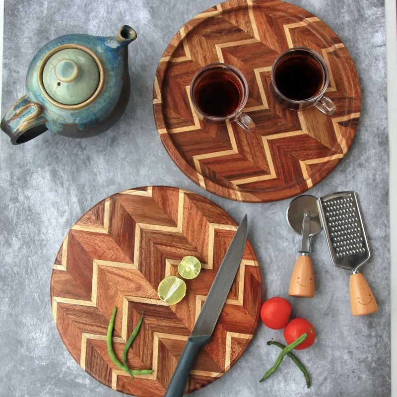 Round Chevron Wood Chopping Board & Tray: Set of 2