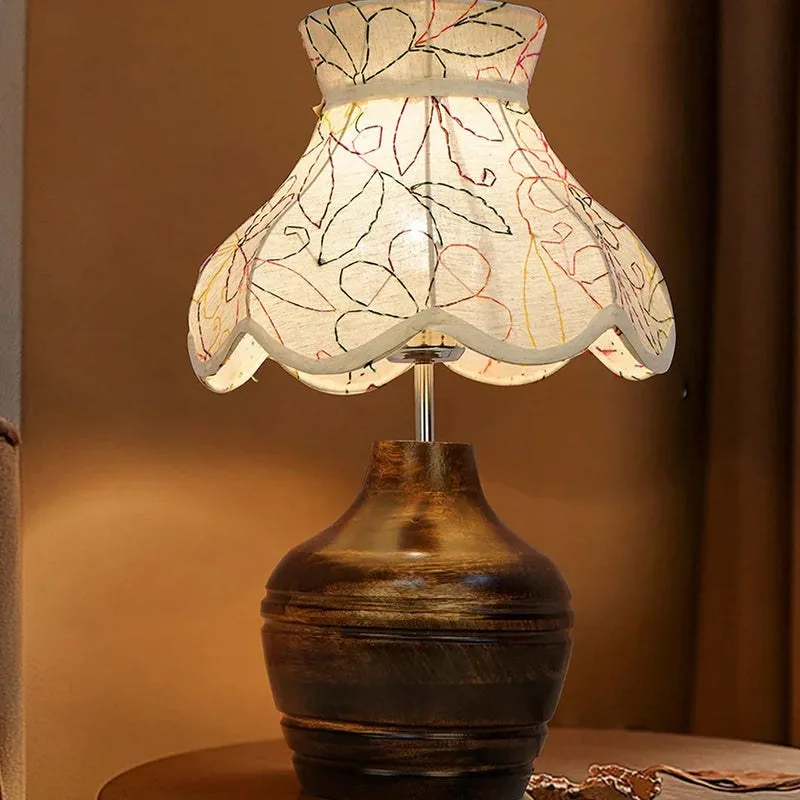 Ethnic Brown Wood Pot Table Lamp with Embroidered Scalloped Shade