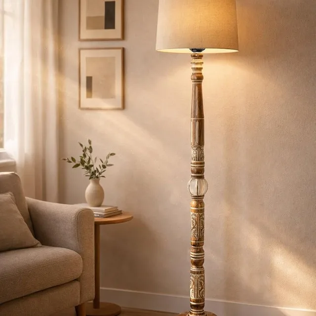 Royal Carving Antique White Finish Wooden Floor Lamp With Beige Fabric Lamp Shade