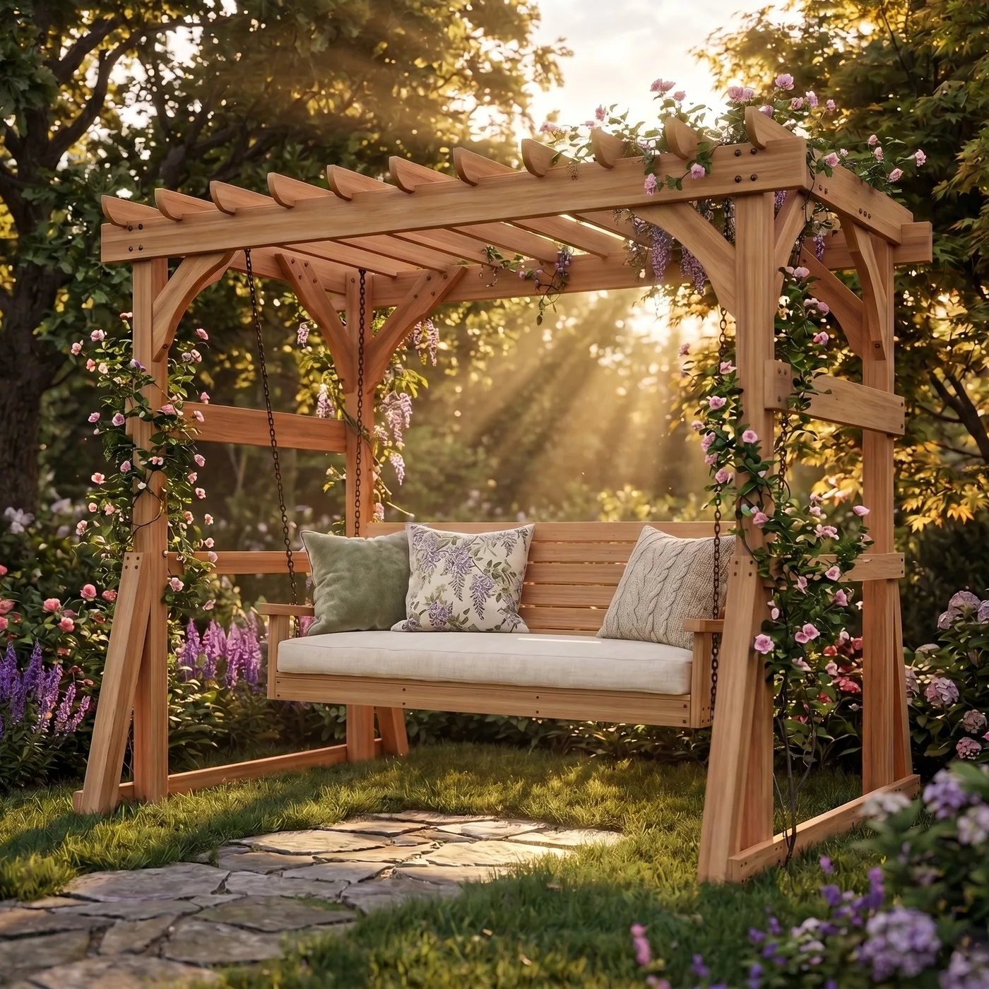 Garden pergola with swing bench